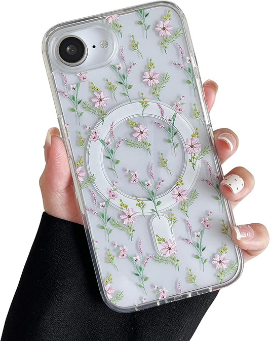 ZTOFERA for iPhone 16e Magnetic Case Compatible with Magsafe, Aesthetic Floral Pattern Design Cute for Girl Women,Anti-Drop Protective Hard Phone Cover for iPhone 16e-Pink Flower