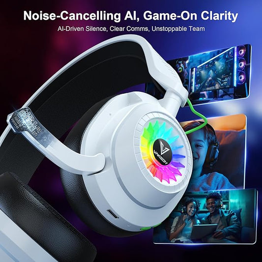 HW10 Wireless Gaming Headset for PC, PS5, PS4, 2.4GHz Low-Latency USB Dongle & Bluetooth Dual Mode Gaming Headphones with Noise Cancelling Mic, RGB Lights, 50H Battery(White)
