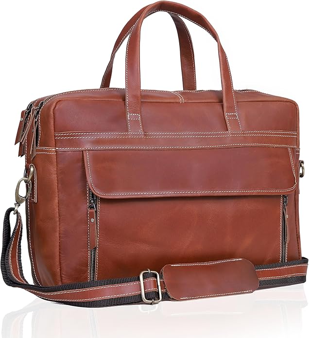 HLC 18 Inch Full Grain Leather Briefcase messenger shoulder bags for men and women
