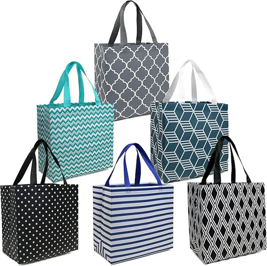 BeeGreen 6-Pack Foldable Reusable Grocery Bags – Large Cloth Tote Bag with Handles, Bulk Shopping- Bags in Geometric Design, Shopping Baskets, Utility Reusable Gift for Groceries