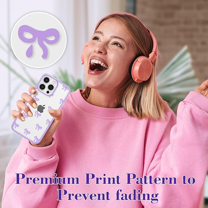 EYZUTAK Case for iPhone 16 Pro, Clear Cute Ribbon Bowknot Pattern Aesthetic Transparent Phone Case Raised Camera Protection Stylish Slim Soft Durable TPU Protective Cover for Women Girls - Purple