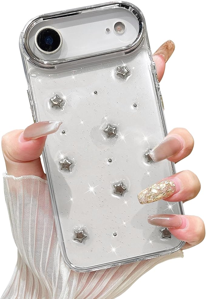 EYZUTAK Case for iPhone Air, Bling Glitter 3D Stars Phone Case Cute Sparkly Crystal Clear Star Aesthetic Design Cover Slim Soft Durable TPU Transparent Protective Cover for Women Girls - Star