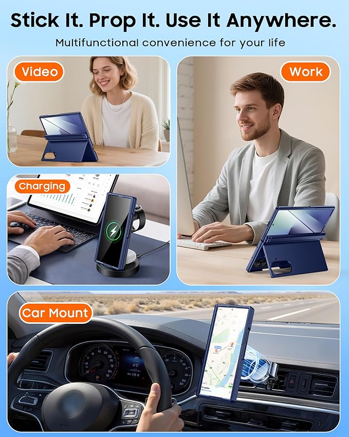 CENMASO Magnetic for Samsung Galaxy Z Fold 7 Case with Stand, Fit for Magsafe, Hinge Protection, Screen Protector, Built-in Hidden Kickstand, Slim Shockproof Phone Case for Galaxy Z Fold 7-Blue