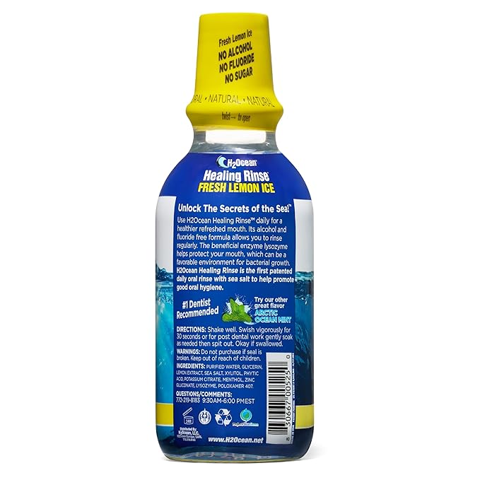 H2Ocean Healing Rinse Natural Sea Salt Oral Care - Mouth Rinse for Oral Care - Great for Piercings, Sore Throats & Gum Health - Alcohol- & Fluoride-Free Mouthwash - Lemon Ice, 16 oz