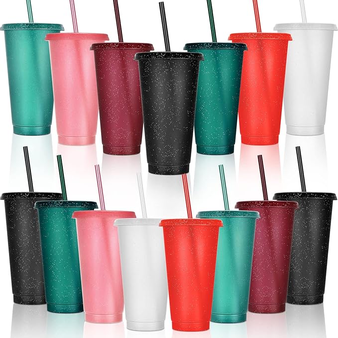 Honeydak 15 Pack Tumbler with Straw and Lid Bulk Glitter Plastic Cups Water Bottle Iced Coffee Travel Mug Reusable Party Favor Cups for Birthdays travel 24-27 oz (Bright Colors)