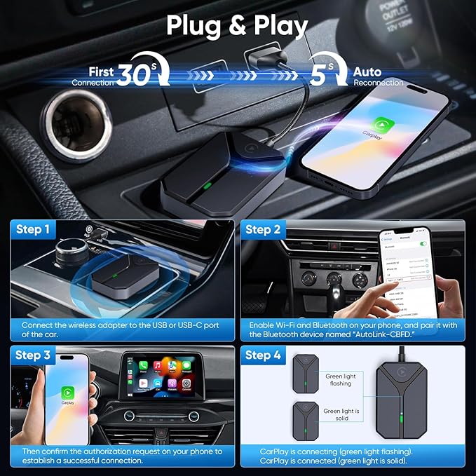 Wireless Carplay Adapter - Stable Control & No Delay & Plug and Play, Easy to Upgrade Wired to Wireless Car Play Dongle Adapter for iPhone iOS 10+ and 2016+ Cars