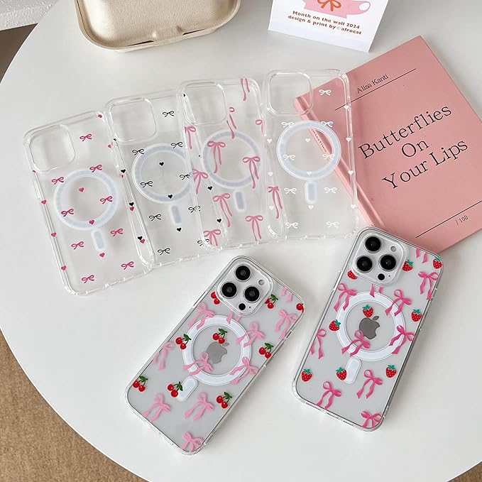 ZTOFERA for iPhone 14 Pro Magnetic Case Clear,Cute Love Heart Ribbon Bow Tie Aesthetic Phone Case,Transparent Trendy Slim Soft Shockproof Protective Phone Cover for Women Girls,Peach Pink