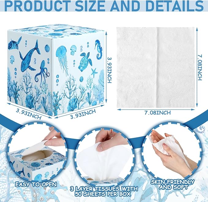 12 Pack Summer Ocean Life Facial Tissues Cube Boxes 600 Sheets 3 Ply Small Square Sea Turtles Jellyfish Turtle Face Tissues Bulk for Summer Car Bedroom Supplies