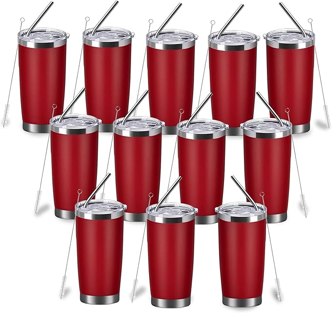 20oz insulted tumblers stainless steel cup Tumbler Bulk with push Lid, and metal straw powder coated coffee cup for cold and hot drinking (12, red)