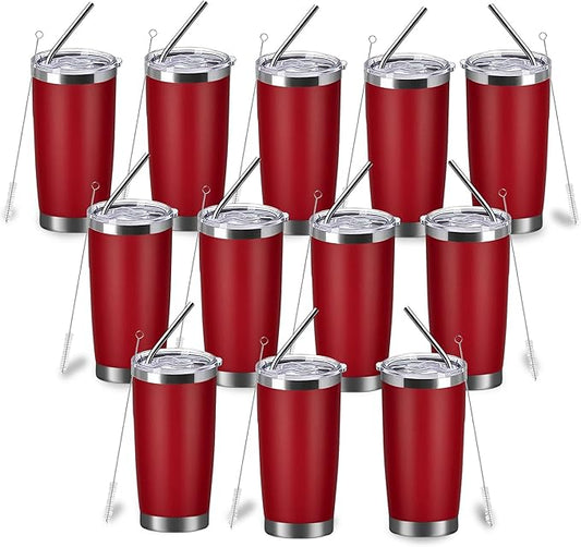 20oz insulted tumblers stainless steel cup Tumbler Bulk with push Lid, and metal straw powder coated coffee cup for cold and hot drinking (12, red)