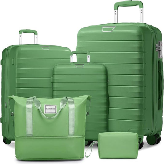 LARVENDER Luggage Sets 5 Piece with Duffel Bag Expandable(Only 28 inch) Hardside PP Carry On Luggage with 360° Spinner Wheels TSA Lock Luggage Sets for Women, Stone Green