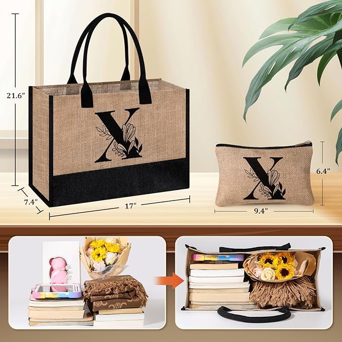 AYGE Personalized Initial Jute Tote Bag & Makeup Bag, Beach Bag, Monogrammed Birthday Gifts for Women Sister Mom Bridesmaid