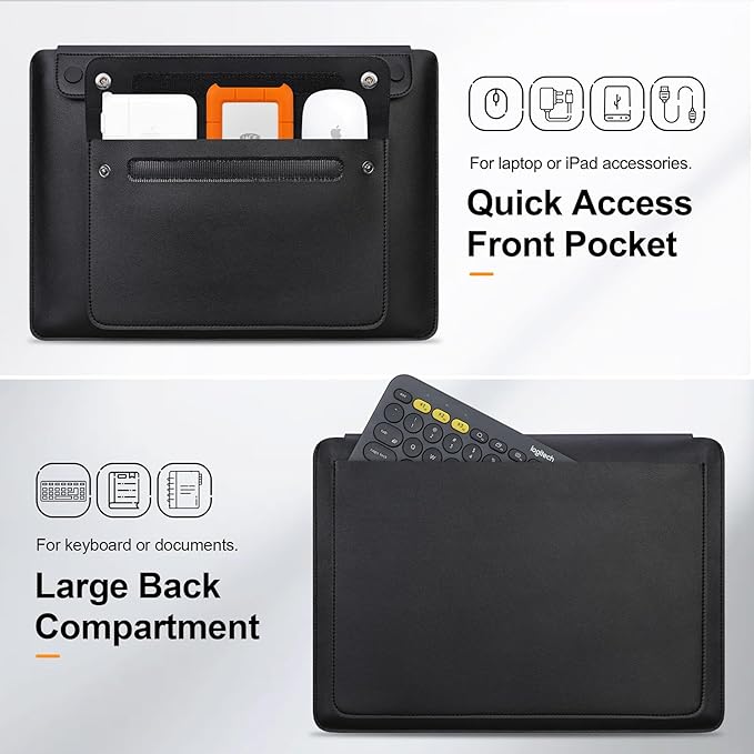 Lacdo 14 Inch Laptop Sleeve Case for HP 14" Laptop, Lenovo Dell ASUS Acer Chromebook 14, HP Stream 14/Ultrabook, Dell Latitude 14, ASUS Vivobook 14, Leather Computer Sleeve with 3 Compartments, Black