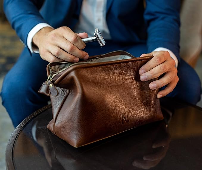 NV Holders Premium Genuine Leather Toiletry Bag for Men - The Ultimate Travel Dopp Kit and Hygiene Organizer, Perfect Men's Toiletry Travel Bag (Brown)