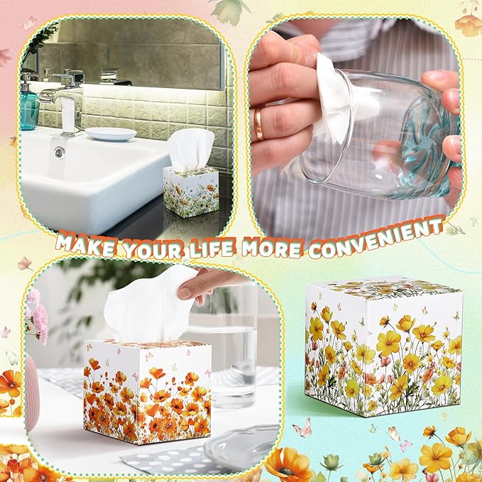 12 Pack Summer Flower Floral Facial Tissues Cube Boxes 600 Sheets 3 Ply Small Wildflower Face Tissues Bulk for Summer Car Bedroom Supplies