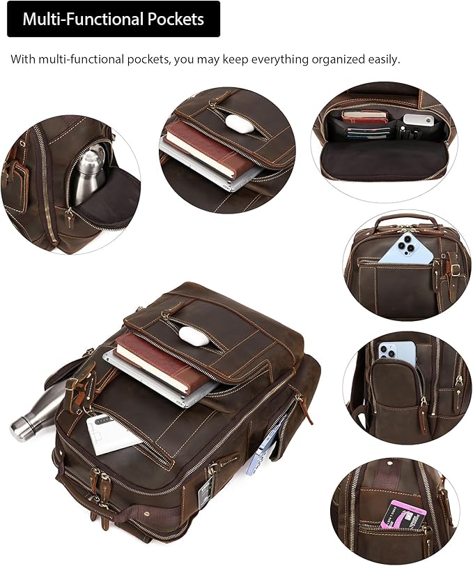 LANNSYNE Vintage Genuine Leather Backpack for men, 15.6" Laptop Backpack Travel Camping 24L Rucksack