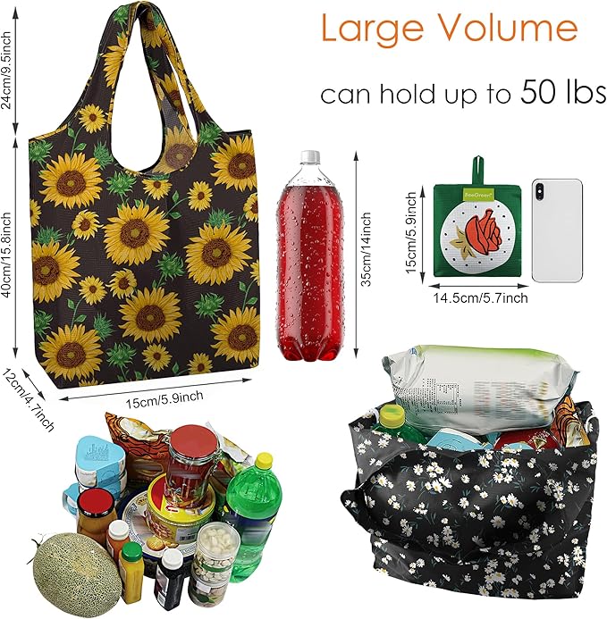 BeeGreen Rose Reusable Shopping Bags 6 Pack - Heavy Duty Washable and Foldable Polyester Shopping Bag for Women, Reusable Gift Grocery Totes Market Tote Bag with Handles for Travel Holiday