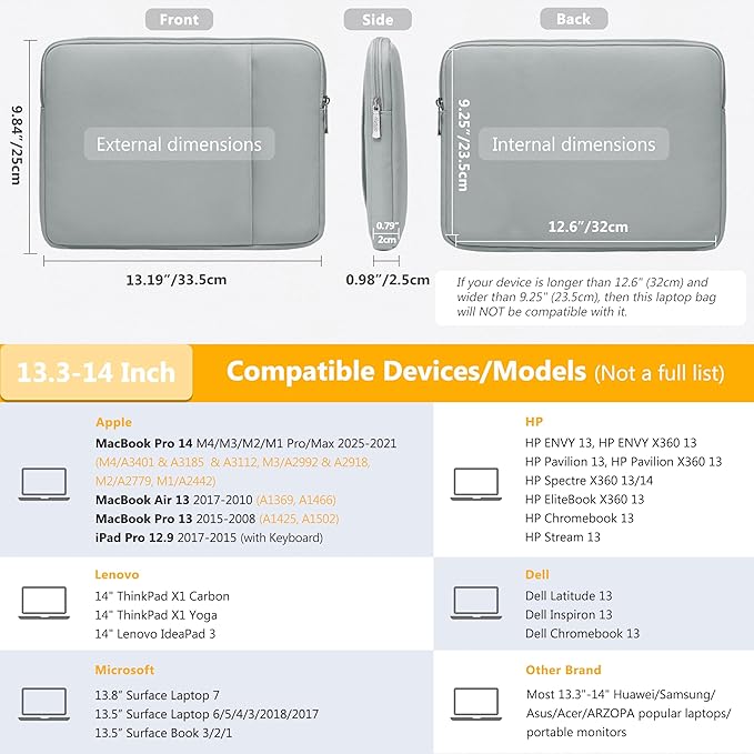 HYZUO 13.3-14 Inch Laptop Sleeve Bag Set for MacBook Pro 14 M4/M3/M2/M1, MacBook Air/Pro 13.3, 13.5"/13.8" Surface Book/Laptop, Notebook Case for 13.3" HP Dell Lenovo Asus Acer, Rock Gray