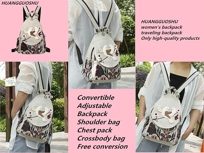 HUANGGUOSHU Boho Chic Knit Backpack - Handcrafted, Soft Fabric, Multi-pocket, Secure Zipper Pockets, Ideal Gift for Girls, Moms, and Students - Perfect Travel and School Bag-Bird Backpack