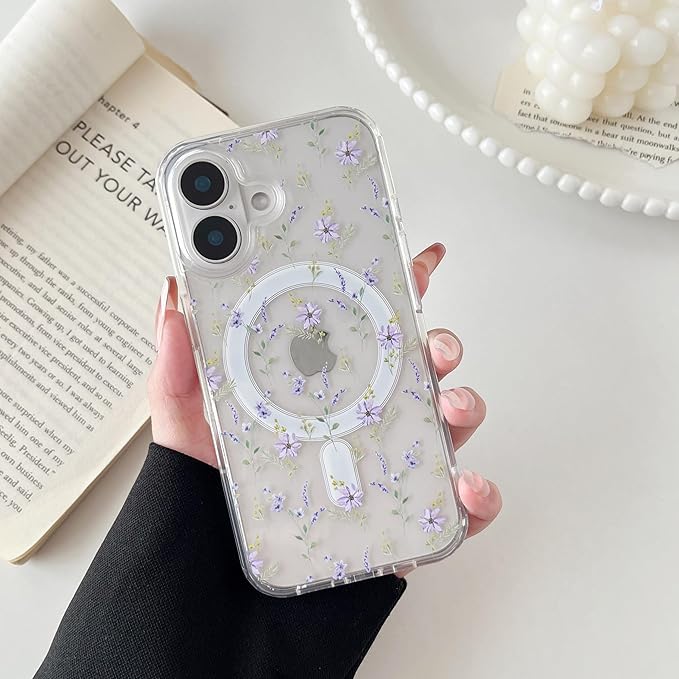 ZTOFERA for iPhone 17 Magnetic Case Compatible with Magsafe,Aesthetic Floral Pattern Design Cute for Girl Women,Anti-Drop Protective Hard Phone Cover for iPhone 17-Purple Flower