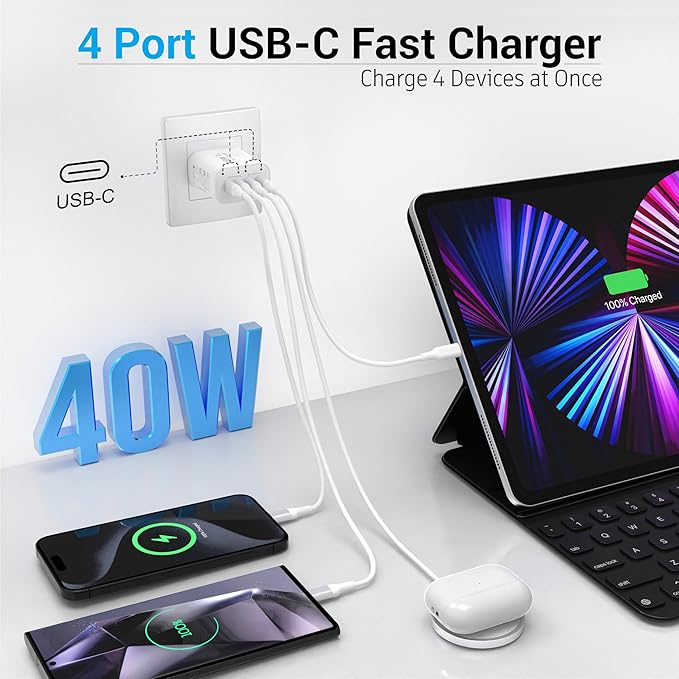 40W USB C Charging Block, 4 USB C Ports, Type C Wall Plug Fast Charger Cube, Power Adapter Box for iPhone 16, 15, 14, 13, 12, 11, Galaxy Phones, Watch, Tablet, Smartphones (White 1Pack)