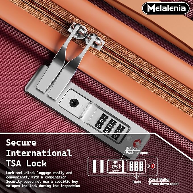 Melalenia Luggage Sets 7 Piece Hard Shell Carry on Suitcase with Spinner Wheels and TSA Lock, Lightweight Travel Duffel Bag for Women, Men, Red Brown