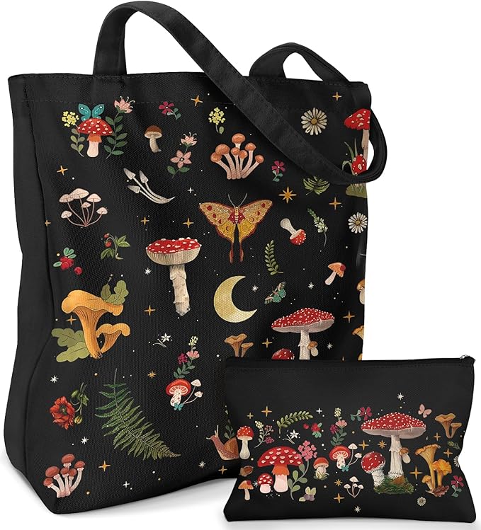 2 Pack Canvas Tote Bag - with Makeup Pouch Aesthetic Cute Women Reusable Canvas Bag for Shopping, Work, Travel