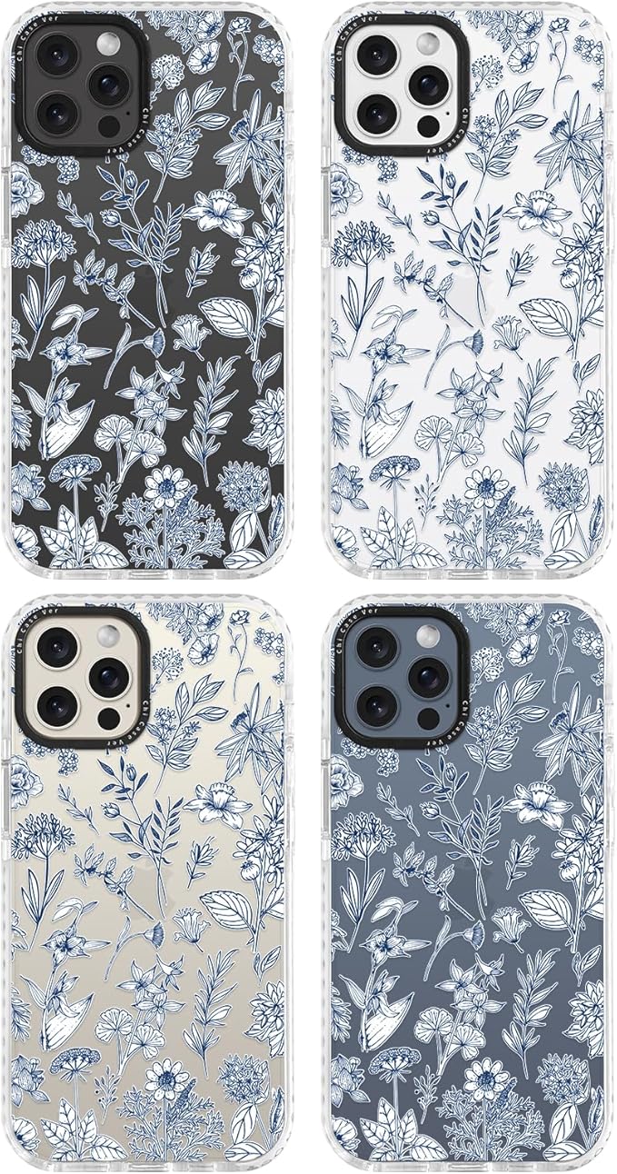 for iPhone 15 Pro Max Case, Vintage Botanical Pattern with Blue Flowers, Military-Grade Drop Protection, Cute Soft Slim TPU Protective Cover with Camera Lens Protection for Women & Girls