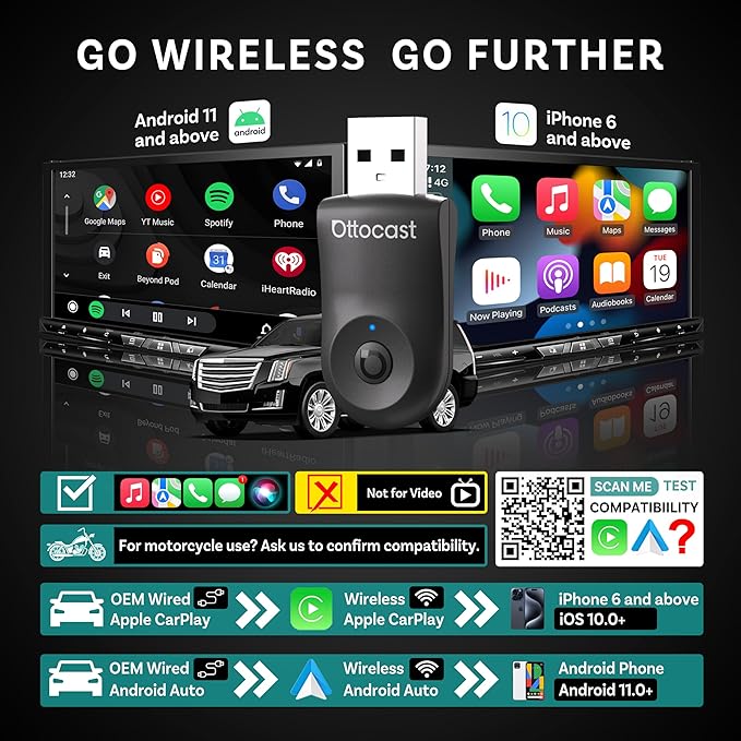 OTTOCAST Mini 2025 Wireless CarPlay & Android Auto 2-in-1 Adapter, Fast Stable Connection, Plug & Play for iPhone & Android Devices (Black)