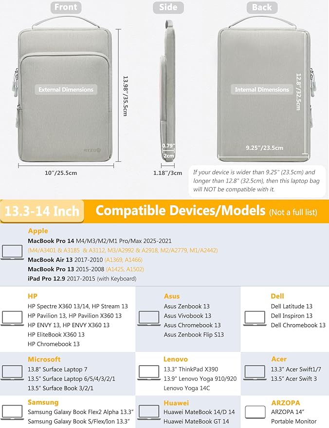 HYZUO 13.3-14 Inch Laptop Bag Sleeve for MacBook Pro 14 M4 M3 M2 M1, MacBook Air/Pro 13.3, 13.8"/13.5" Surface Laptop/Book, Notebook Case for 13" Dell Lenovo ThinkPad HP Asus Acer, Light Gray