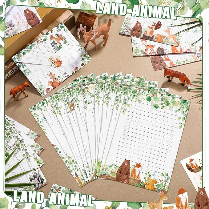 TaoBary 160 Pcs Stationery Paper Set 50 Double Sided Stationery Papers with 50 Matching Envelopes and 60 Round Dot Sticker, 10 Design(Land Animal,5.5 x 8.25 Inch)
