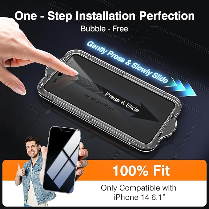 EZ-GLAZ-4+2 Pack for iPhone 14 Privacy Screen Protector[6.1 inches] With Camera Lens Protector, [Drop Protection] 9H Hardness Full Coverage Anti-Spy Tempered Glass Film, Easy to install