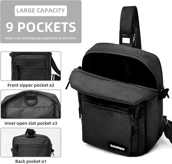 Waterproof Sling Bag For Men, Small Nylon Crossbody Sling Backpack With Multi Pocket, Adjustable Chest Bag For Travel, Hiking, Workout - Black