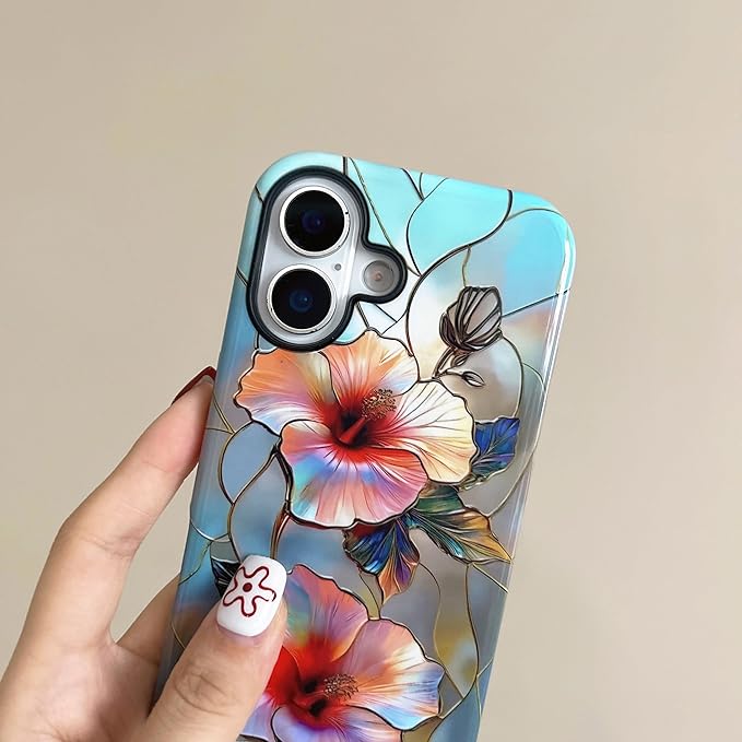 QLTYPRI Flower Case for iPhone 16, Aesthetic Cute Floral Phone Case for Girls Women, Protective Hybrid 2-Layer Hard Shell Silicone Cover Durable Shockproof Phone Cover - Vibrant Hibiscus