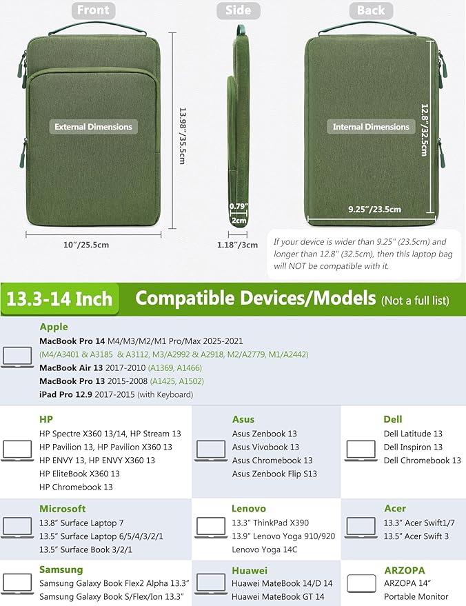 HYZUO 13.3-14 Inch Laptop Bag Sleeve for MacBook Pro 14 M4 M3 M2 M1, MacBook Air/Pro 13.3, 13.8"/13.5" Surface Laptop/Book, Notebook Case for 13" Dell Lenovo ThinkPad HP Asus Acer, Grass Green