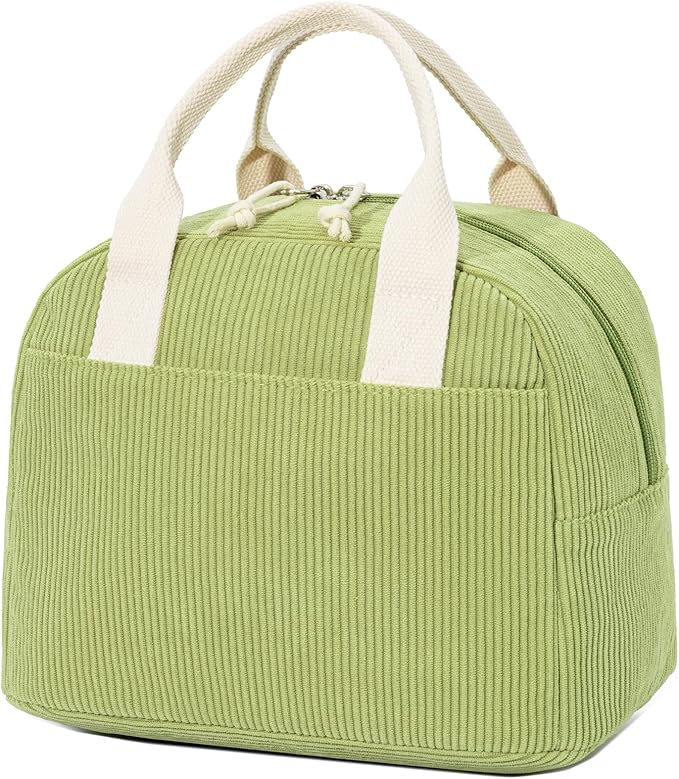 Insulated Lunch Bag for Women Men, Stylish Corduroy Tote Bag with Aluminum Lining, Large Capacity Reusable Cooler for Work, Travel, or Beach, Guacamole Green Lunch Box