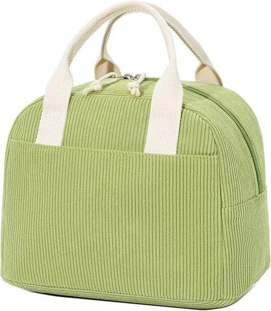 Insulated Lunch Bag for Women Men, Stylish Corduroy Tote Bag with Aluminum Lining, Large Capacity Reusable Cooler for Work, Travel, or Beach, Guacamole Green Lunch Box