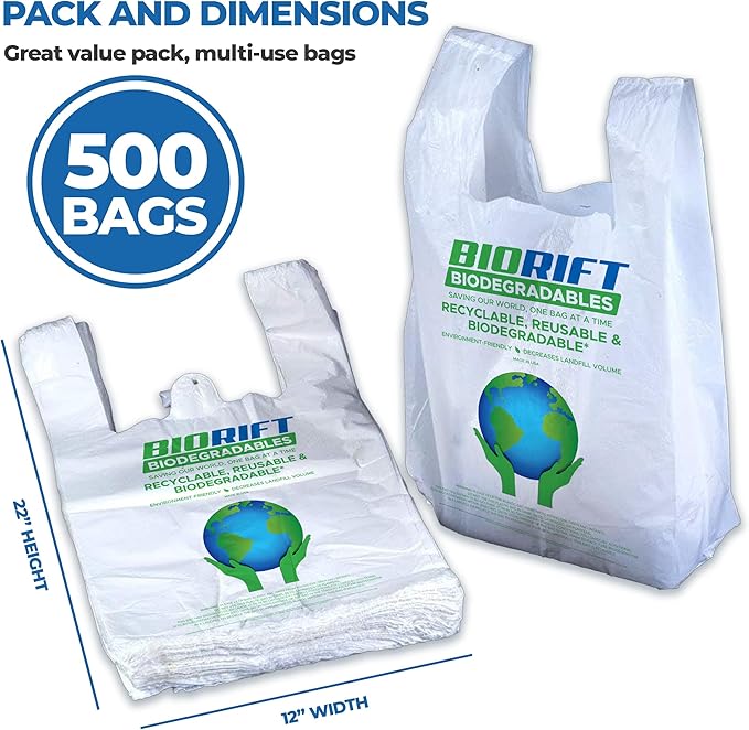 Biodegradable Thank You Bags | 500 Count - Bulk | Extra Thick, Strong, Recyclable, & Reusable | 100% Biodegradable Shopping Bags, Grocery/Restaurant/Supermarket | 12” x 6.5” x 22” |