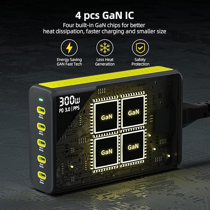 HUNDA 300W USB C Charger GaN Charging Station Desktop 5 Ports PD 100W Fast Power Adapter Support PD3.0 /PPS 45W /QC5 for MacBook Pro/Air, iPhone 15 Pro,Samsung,HP,Dell etc