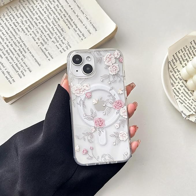 ZTOFERA for iPhone 13/14 Magnetic Case Compatible with Magsafe,Aesthetic Floral Pattern Design Cute for Girl Women,Anti-Drop Protective Hard Phone Cover for iPhone 13/14-Pink Rose