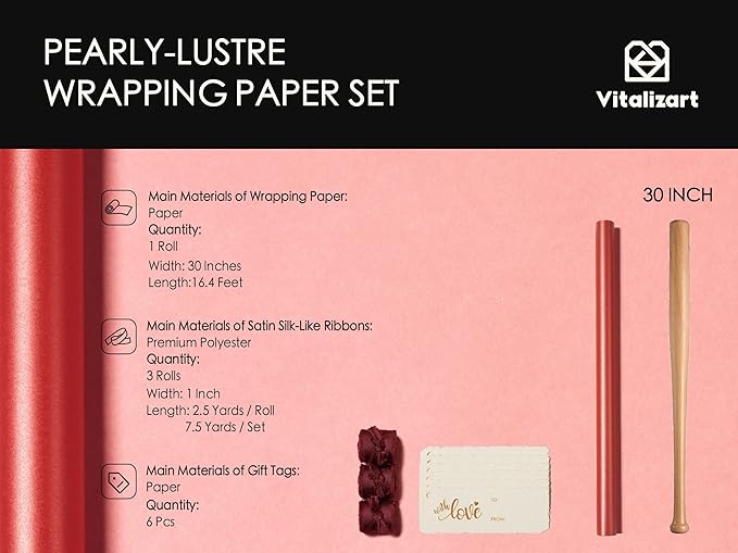 Vitalizart Red Wrapping Paper Set 30" Pearly-Lustre With Silk Like Satin Ribbon & Gift Tags Recyclable Eco-Friendly Christmas Gift Wrapping Birthday Baby Shower Wedding Handmade Crafts 197"(16.4 Ft)
