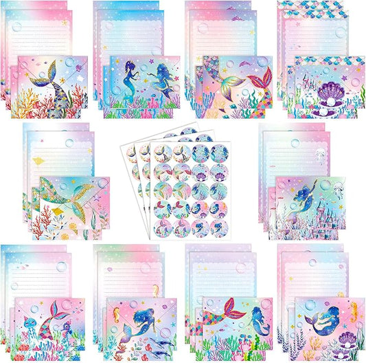TaoBary 160 Pcs Stationery Paper Set 50 Double Sided Stationery Papers with 50 Matching Envelopes and 60 Round Dot Sticker, 10 Design(Mermaid,5.5 x 8.25 Inch)