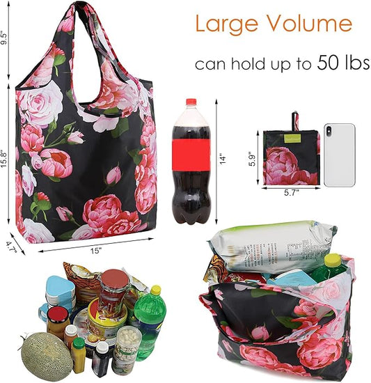 BeeGreen Floral Foldable Grocery Reusable Bags Large Shopping Tote for Groceries Cute Cloth Bags With Handles Gift Bag Groceries Tote -bag Bulk Polyester Heavy Duty Holiday