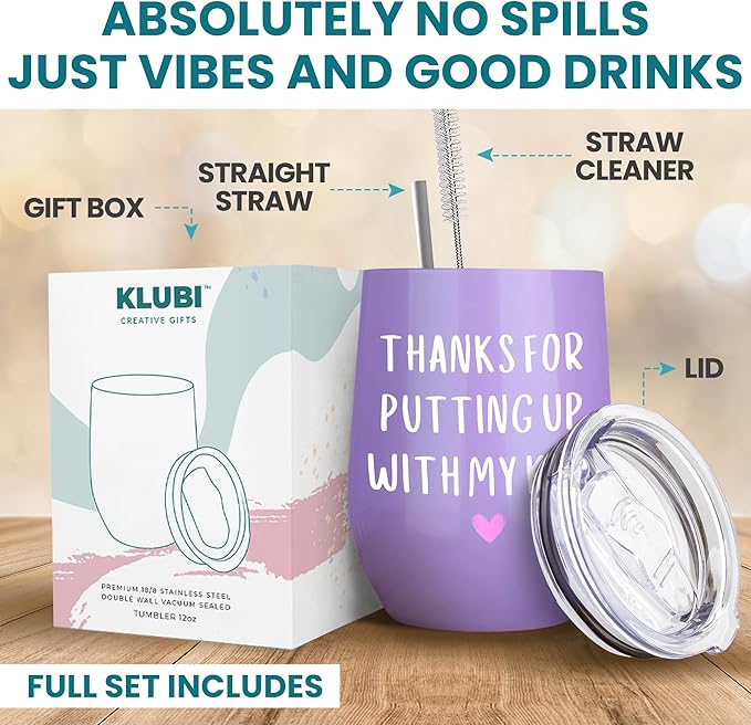 KLUBI Daycare Provider Gifts - Thanks For Putting Up With My Kid Tumbler 12oz Purple Coffee Mug Daycare Teacher Gifts for Teacher Appreciation for Women - Happy Teachers Week Gift for Her