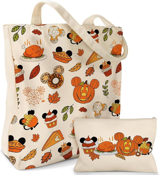 2 Pack Canvas Tote Bag - with Makeup Pouch Aesthetic Cute Women Reusable Canvas Bag for Shopping, Work, Travel