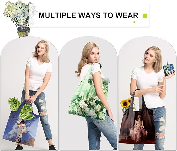 BeeGreen Oil Painting Reusable Grocery Bags 6 Pack, Heavy Duty Totes for Women, Foldable Grocery Bag Large Shopping Totes with Handles for Work, Travel, Gift, Polyester Washable Reusable Tote Bag