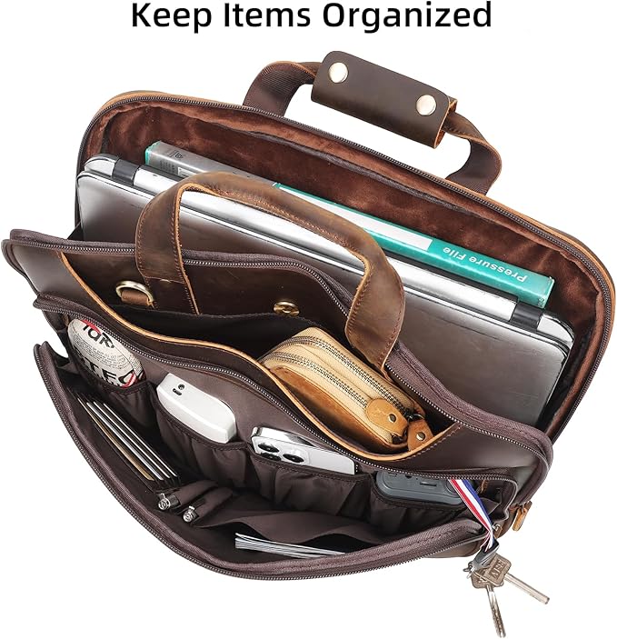 Masa Kawa Leather Laptop Briefcase for Men Fits 15.6" Computer Slim Crossbody Shoulder Messenger Bag Attache Case for Business Work, Vintage Brown