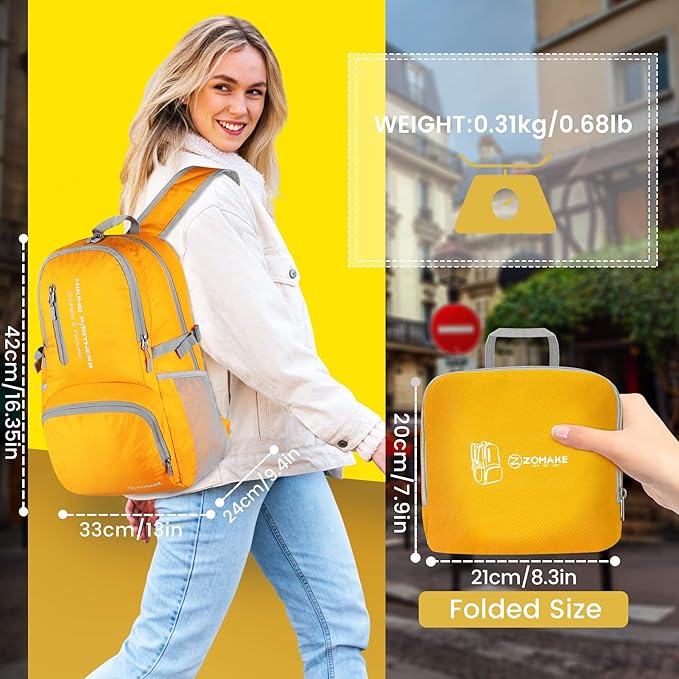 ZOMAKE Lightweight Packable Backpack - 35L Light Foldable Hiking Backpacks Water Resistant Collapsible Daypack for Travel(Yellow New)