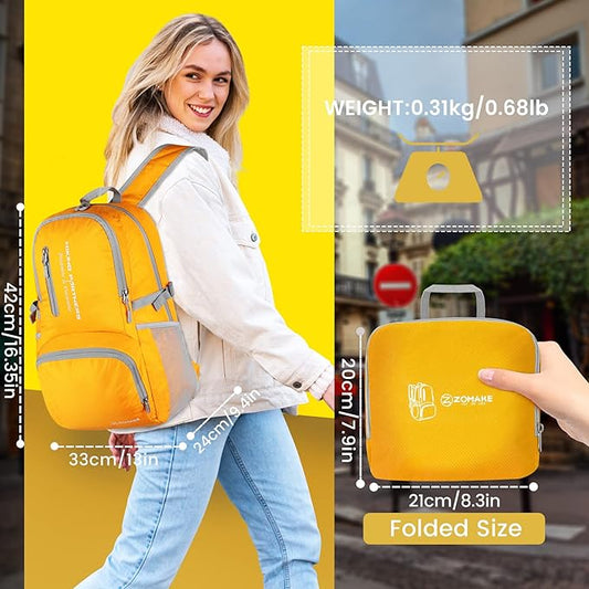 ZOMAKE Lightweight Packable Backpack - 35L Light Foldable Hiking Backpacks Water Resistant Collapsible Daypack for Travel(Yellow New)