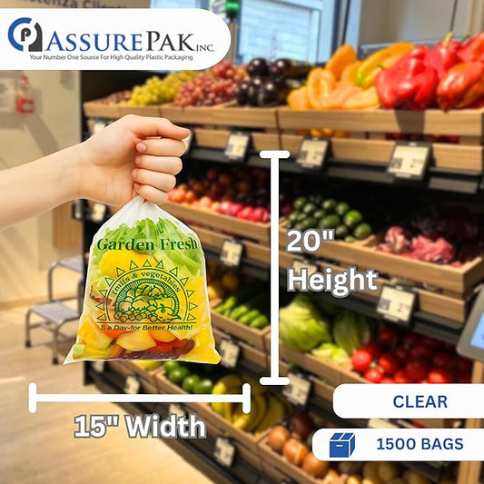 Clear Produce Bags Roll - 1500 Bags - 15"x20" – (2 Rolls, 8 Microns) – for Grocery, Small Business, Reusable Produce Use, Food & Storage Needs, Garden Fresh, Narrow Profile, Kitchen Use
